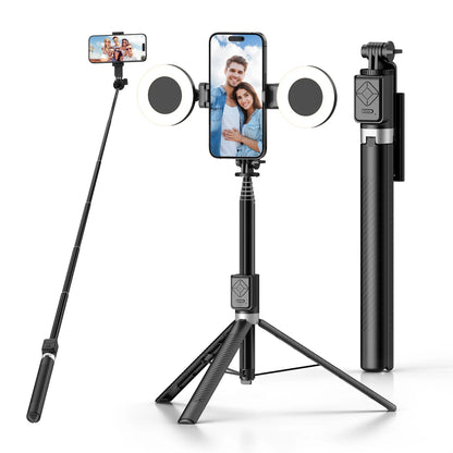 6-in-1 Selfie Stick with Fill Light, 67" Tripod, Wireless Remote Page Turner, Bluetooth Camera Remote, and Music Control for iPhone, iPad, iOS, and Android
