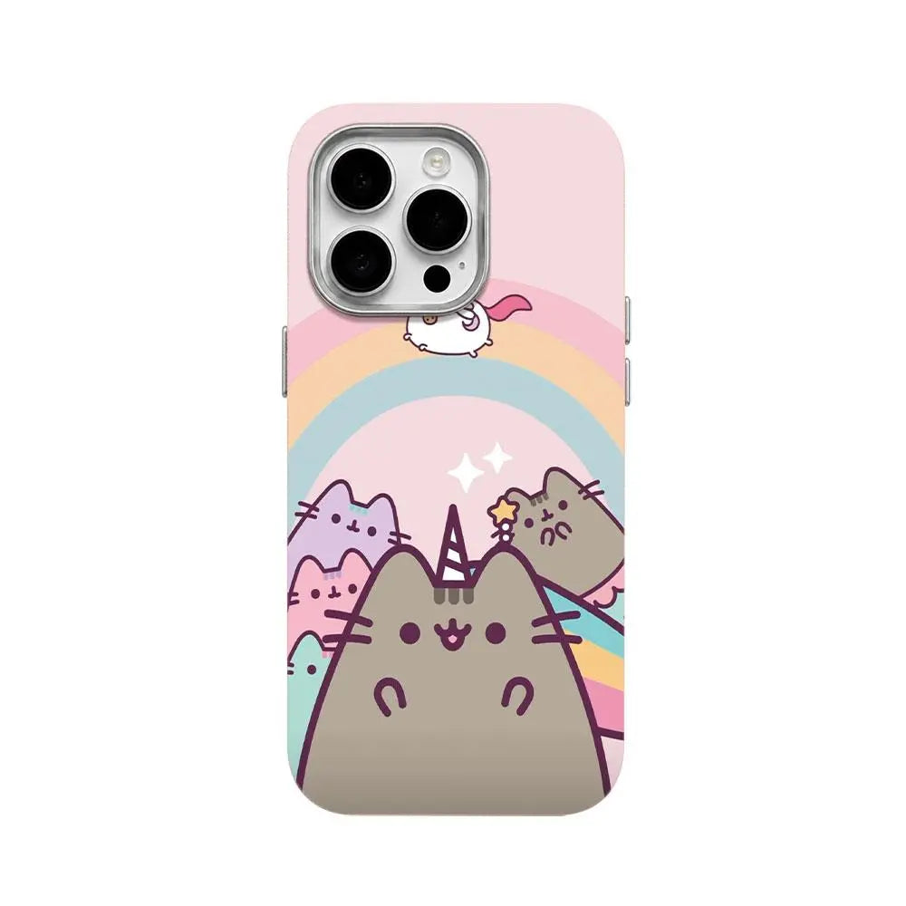 Pusheen Cat Polka Dot Slim Shockproof Phone Case for iPhone 17 Pro Max/16/15/14/13/12 Series, Leather-Textured Soft Back Cover with Humorous Design for Daily Protection