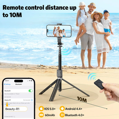 6-in-1 Selfie Stick with Fill Light, 67" Tripod, Wireless Remote Page Turner, Bluetooth Camera Remote, and Music Control for iPhone, iPad, iOS, and Android