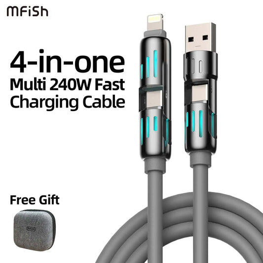 Mfish 4-In-1 Charger Multi 240W Fast Charging Super Liquid Silicone Cable with USB a Type C Lightning for Iphone17&Samsung Laptops Charger