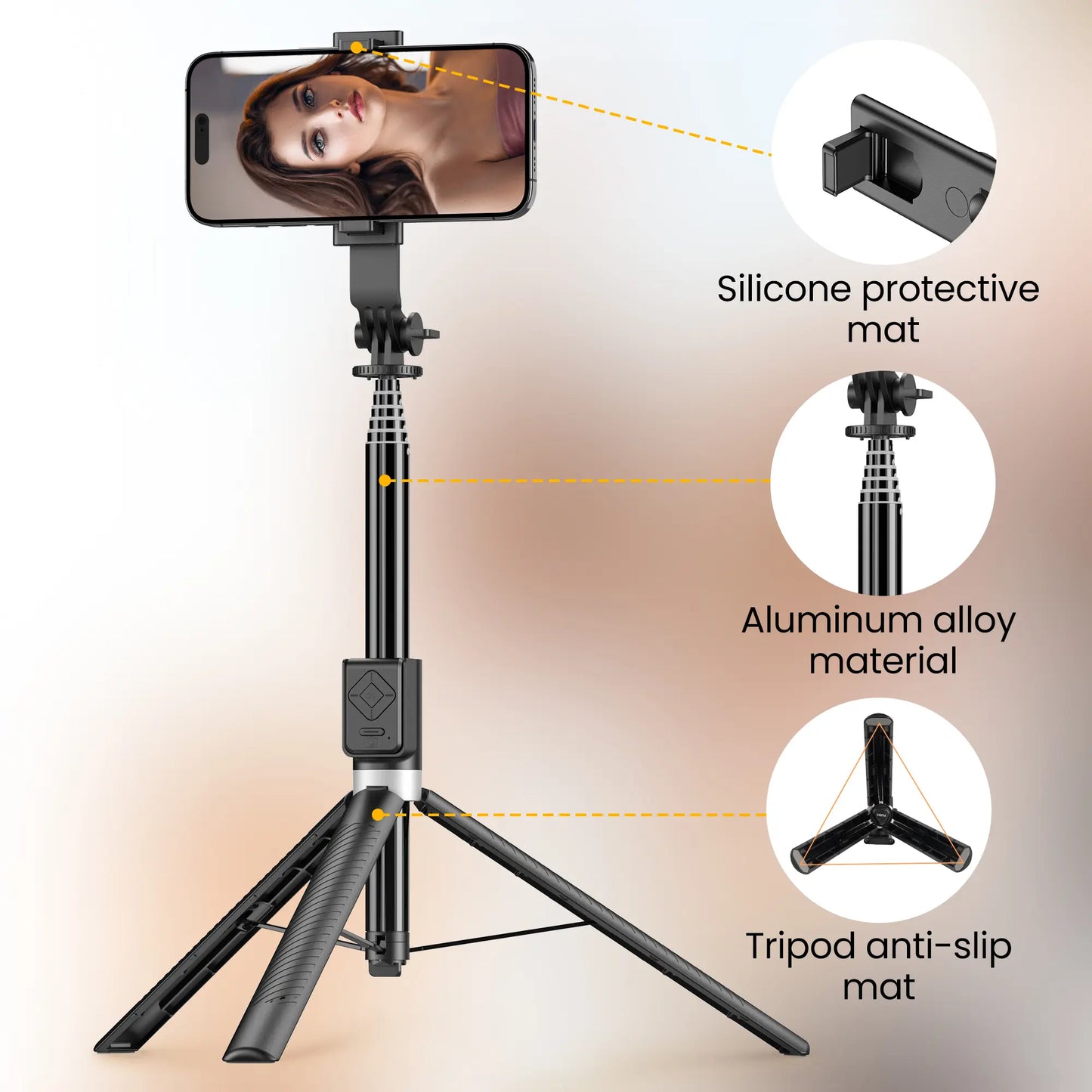 6-in-1 Selfie Stick with Fill Light, 67" Tripod, Wireless Remote Page Turner, Bluetooth Camera Remote, and Music Control for iPhone, iPad, iOS, and Android