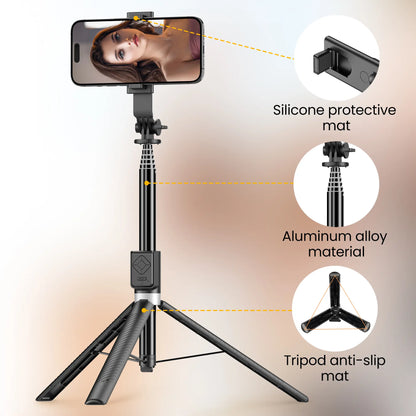 6-in-1 Selfie Stick with Fill Light, 67" Tripod, Wireless Remote Page Turner, Bluetooth Camera Remote, and Music Control for iPhone, iPad, iOS, and Android