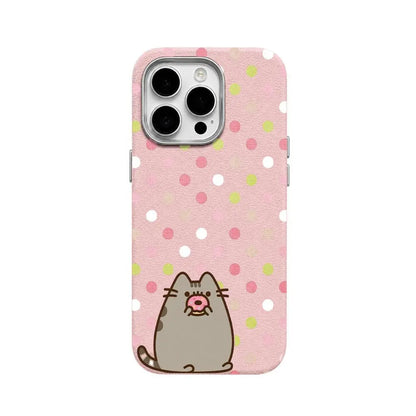 Pusheen Cat Polka Dot Slim Shockproof Phone Case for iPhone 17 Pro Max/16/15/14/13/12 Series, Leather-Textured Soft Back Cover with Humorous Design for Daily Protection