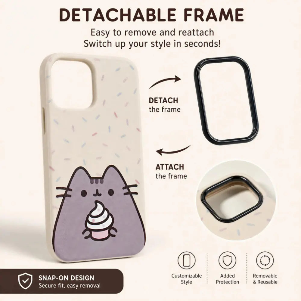 Pusheen Cat Polka Dot Slim Shockproof Phone Case for iPhone 17 Pro Max/16/15/14/13/12 Series, Leather-Textured Soft Back Cover with Humorous Design for Daily Protection