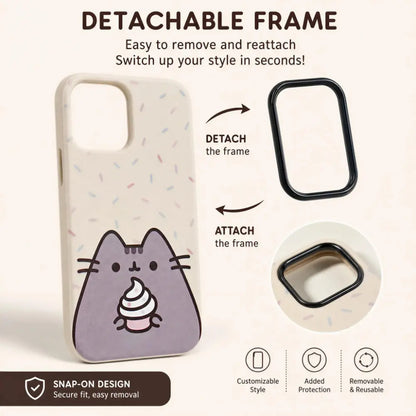 Pusheen Cat Polka Dot Slim Shockproof Phone Case for iPhone 17 Pro Max/16/15/14/13/12 Series, Leather-Textured Soft Back Cover with Humorous Design for Daily Protection