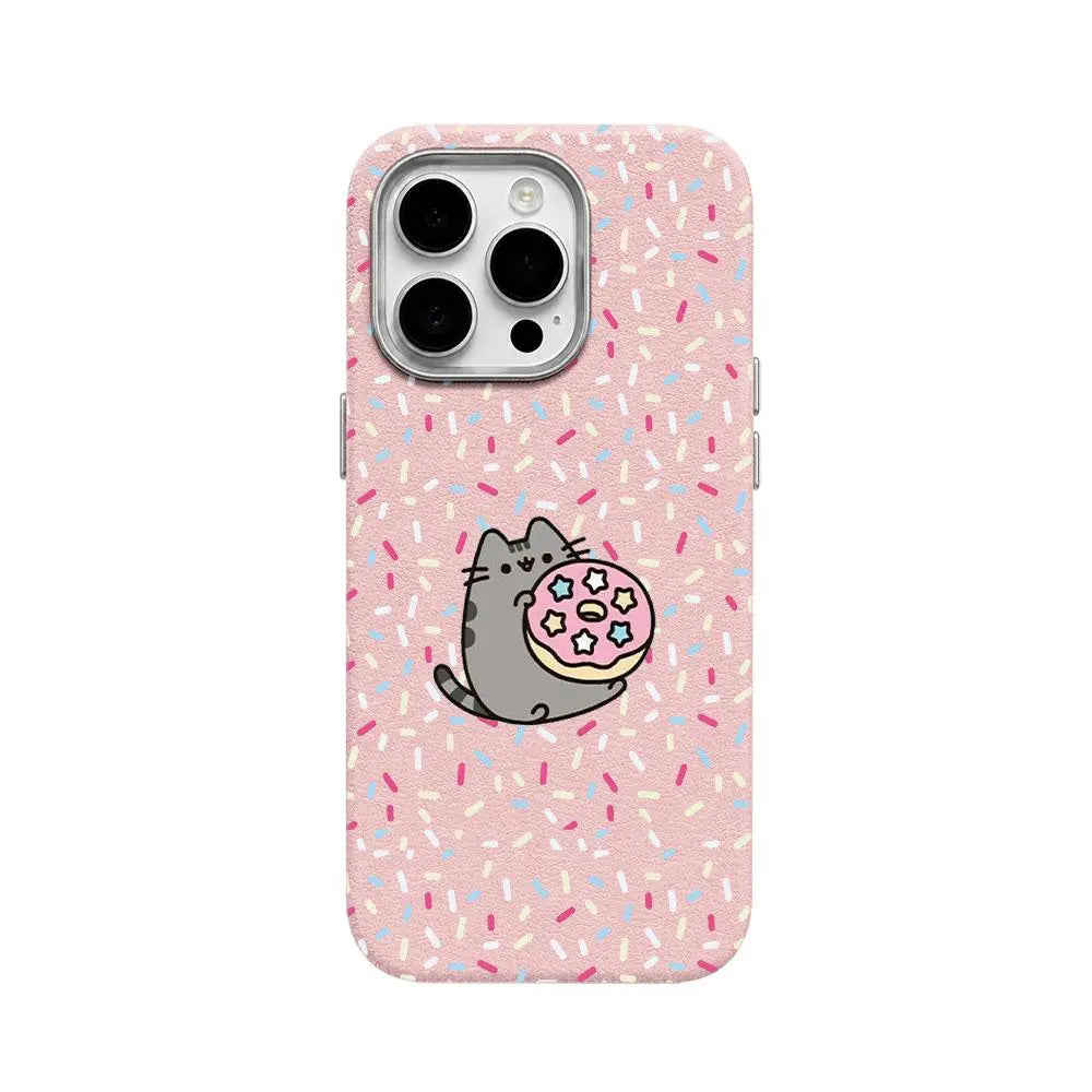 Pusheen Cat Polka Dot Slim Shockproof Phone Case for iPhone 17 Pro Max/16/15/14/13/12 Series, Leather-Textured Soft Back Cover with Humorous Design for Daily Protection