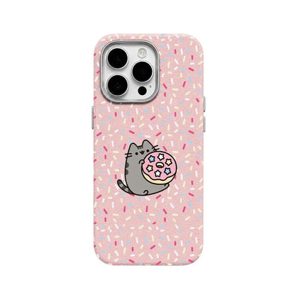 Pusheen Cat Polka Dot Slim Shockproof Phone Case for iPhone 17 Pro Max/16/15/14/13/12 Series, Leather-Textured Soft Back Cover with Humorous Design for Daily Protection