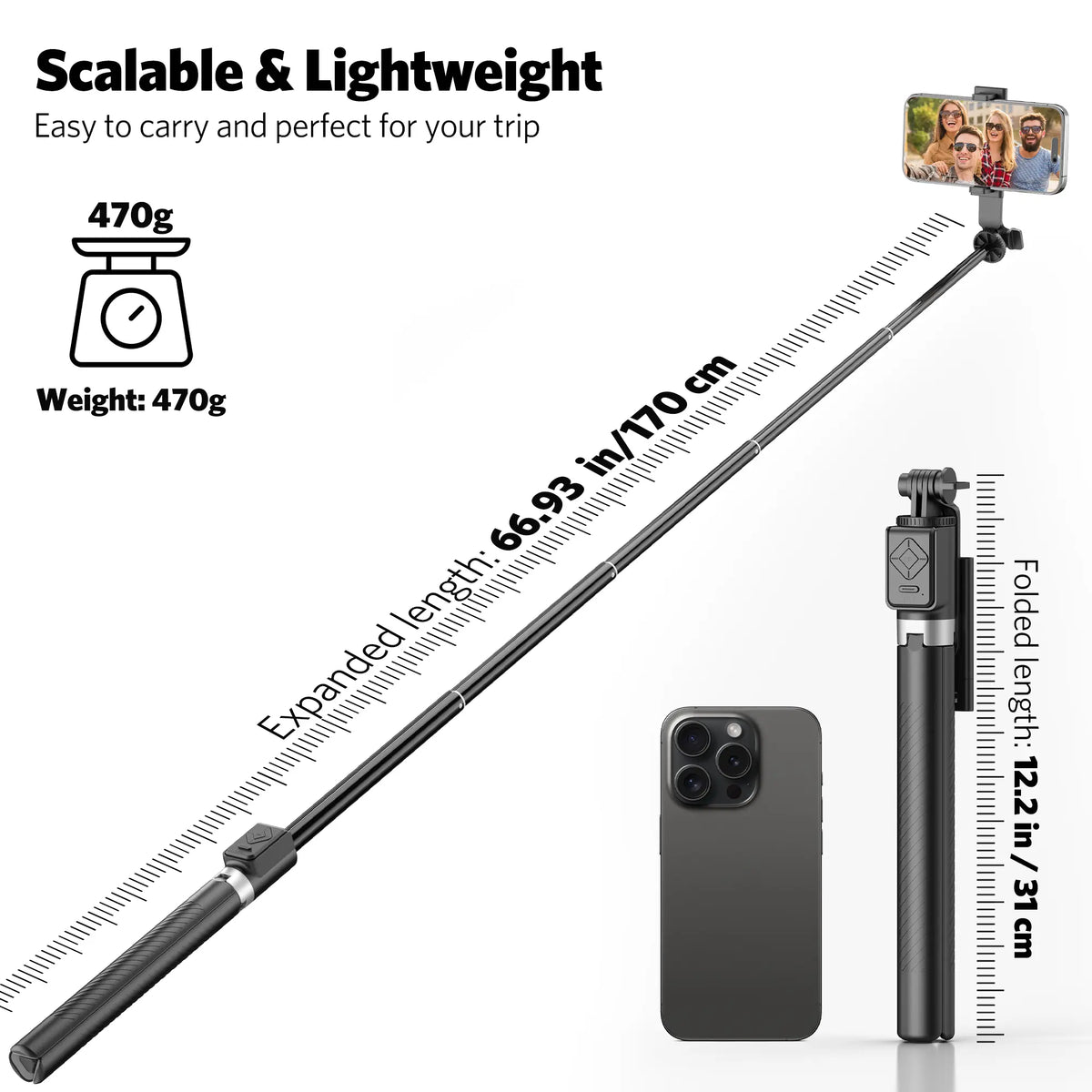 6-in-1 Selfie Stick with Fill Light, 67" Tripod, Wireless Remote Page Turner, Bluetooth Camera Remote, and Music Control for iPhone, iPad, iOS, and Android