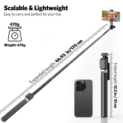 6-in-1 Selfie Stick with Fill Light, 67" Tripod, Wireless Remote Page Turner, Bluetooth Camera Remote, and Music Control for iPhone, iPad, iOS, and Android