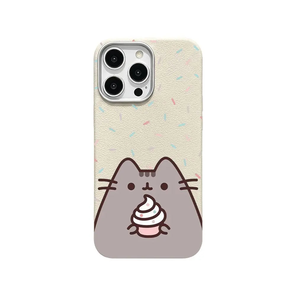 Pusheen Cat Polka Dot Slim Shockproof Phone Case for iPhone 17 Pro Max/16/15/14/13/12 Series, Leather-Textured Soft Back Cover with Humorous Design for Daily Protection