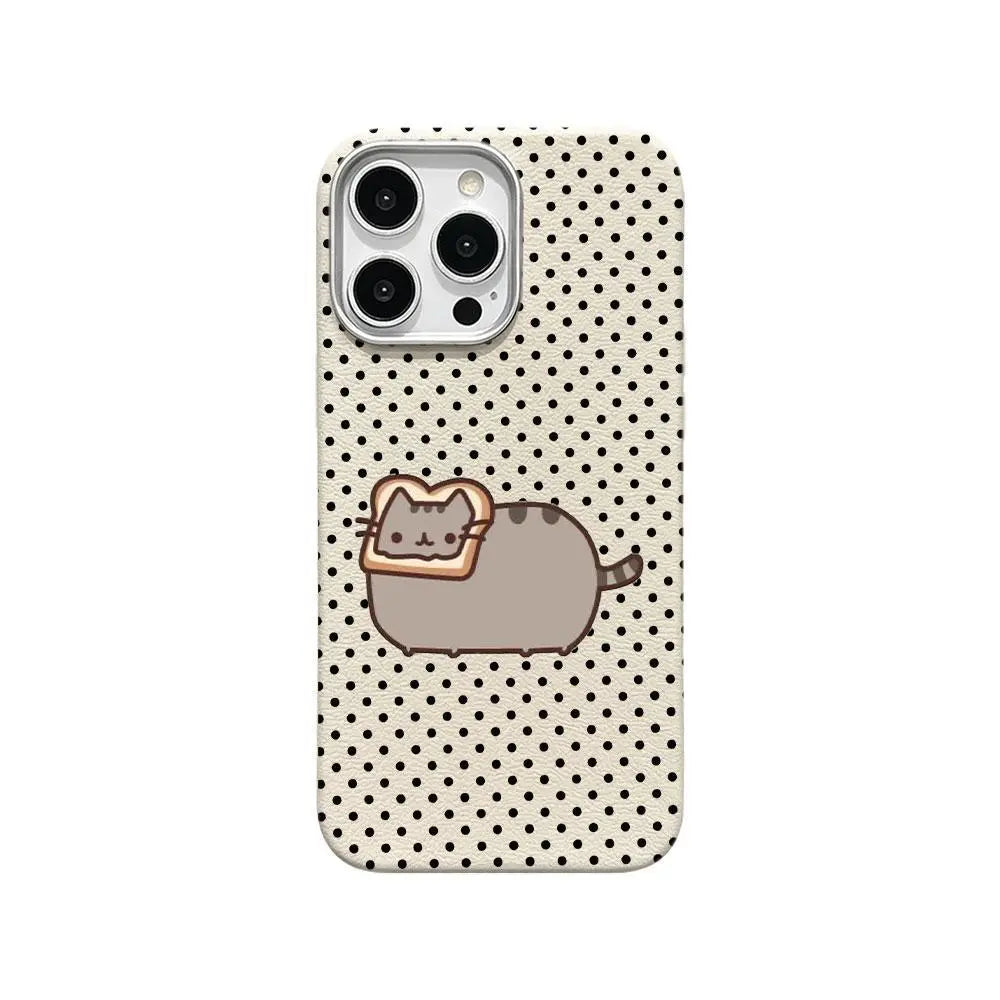 Pusheen Cat Polka Dot Slim Shockproof Phone Case for iPhone 17 Pro Max/16/15/14/13/12 Series, Leather-Textured Soft Back Cover with Humorous Design for Daily Protection