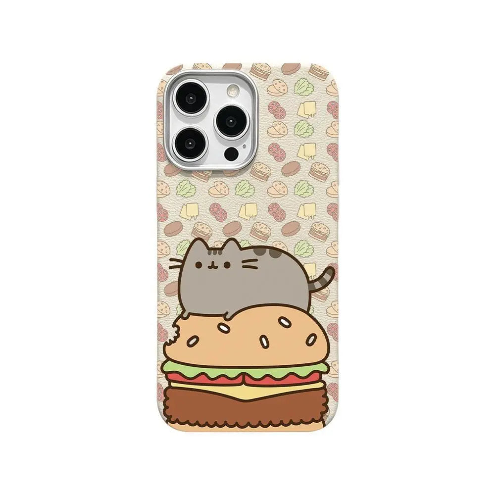 Pusheen Cat Polka Dot Slim Shockproof Phone Case for iPhone 17 Pro Max/16/15/14/13/12 Series, Leather-Textured Soft Back Cover with Humorous Design for Daily Protection