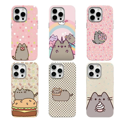 Pusheen Cat Polka Dot Slim Shockproof Phone Case for iPhone 17 Pro Max/16/15/14/13/12 Series, Leather-Textured Soft Back Cover with Humorous Design for Daily Protection